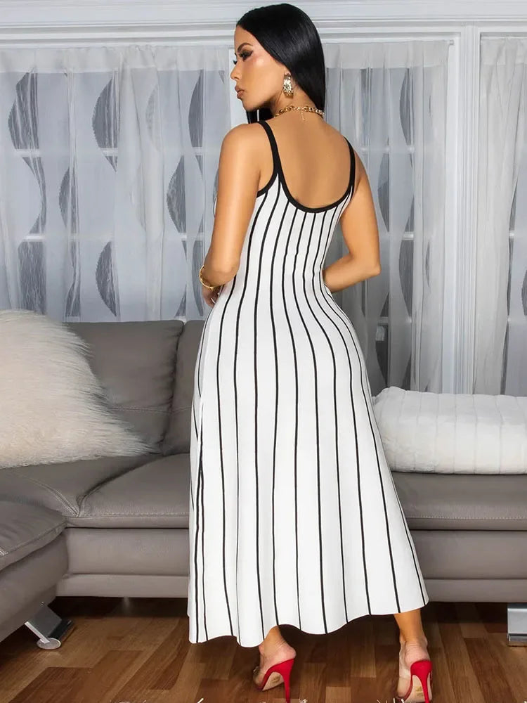 Summer Striped Printed A-line Maxi Dress for Woman Sleeveless Camisole V-neck Casual Club Party Long Dresses Sundress Vacation