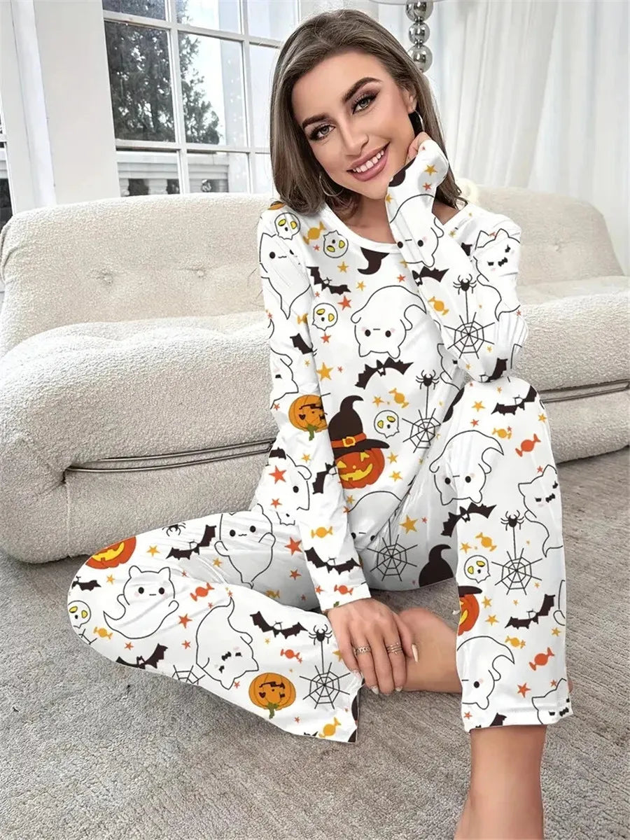 Women Pajama Sets Halloween Ghosts and Pumpkin Print Spooky Outfits Sleepwear Long Sleeve Round Neck Tops Long Pants Suits Pjs