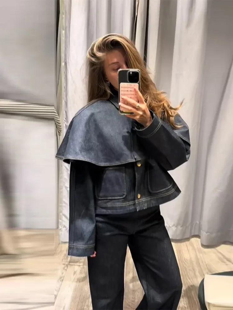 Chic Vintage Cape Denim Jackets For Women Lapel Single Breasted Pocket Jean Coat Pocket Casual Outwear 2025 Autumn Winter Coats