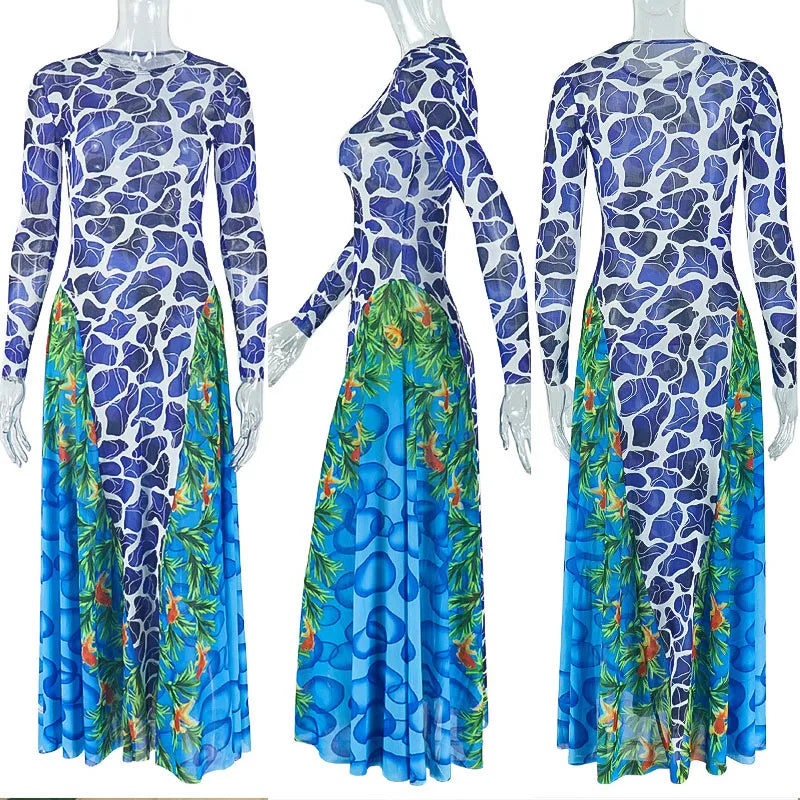Doyerl Sexy Mesh Sheer Long Sleeve Maxi Dresses Women Spring Autumn Stretchy Print Patchwork A-line Club Party Birthday Dress
