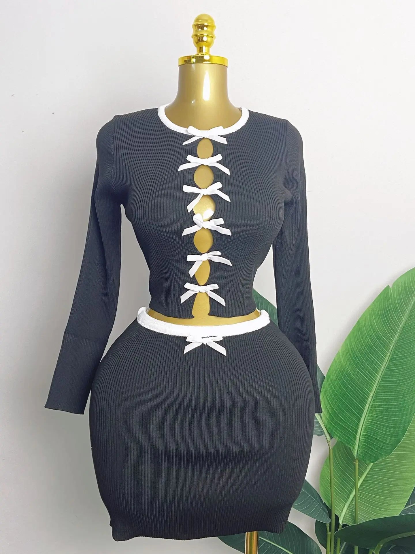 CM.YAYA Knit Ribbed Women's Set Long Sleeve Bowknot Tops and Mini Skirts 2025 Street Party Two 2 Piece Sets Outfits Tracksuits