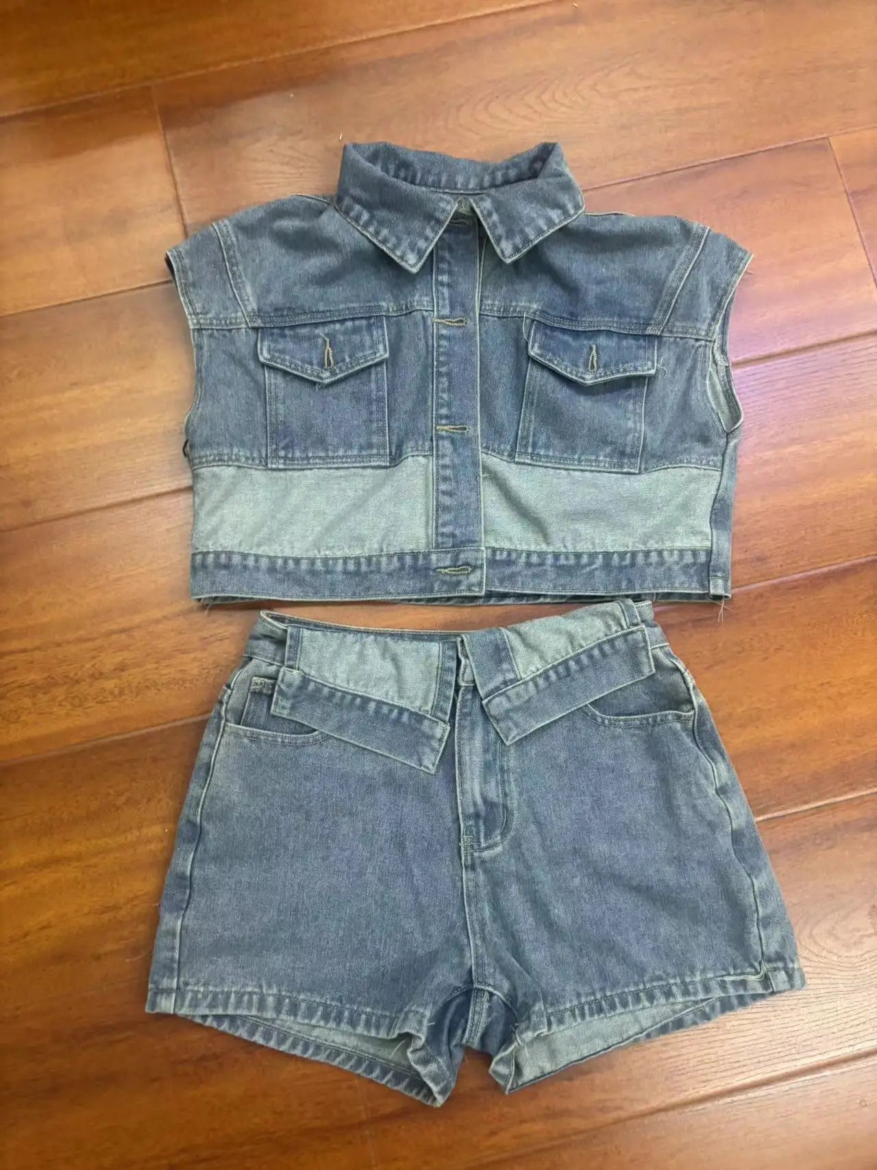 Joskaa Patchwork Stretch Denim 2 Piece Sets Women Lapel Button Pocket Tank Tops and Irregular Shorts Matching 2025 Streetwear