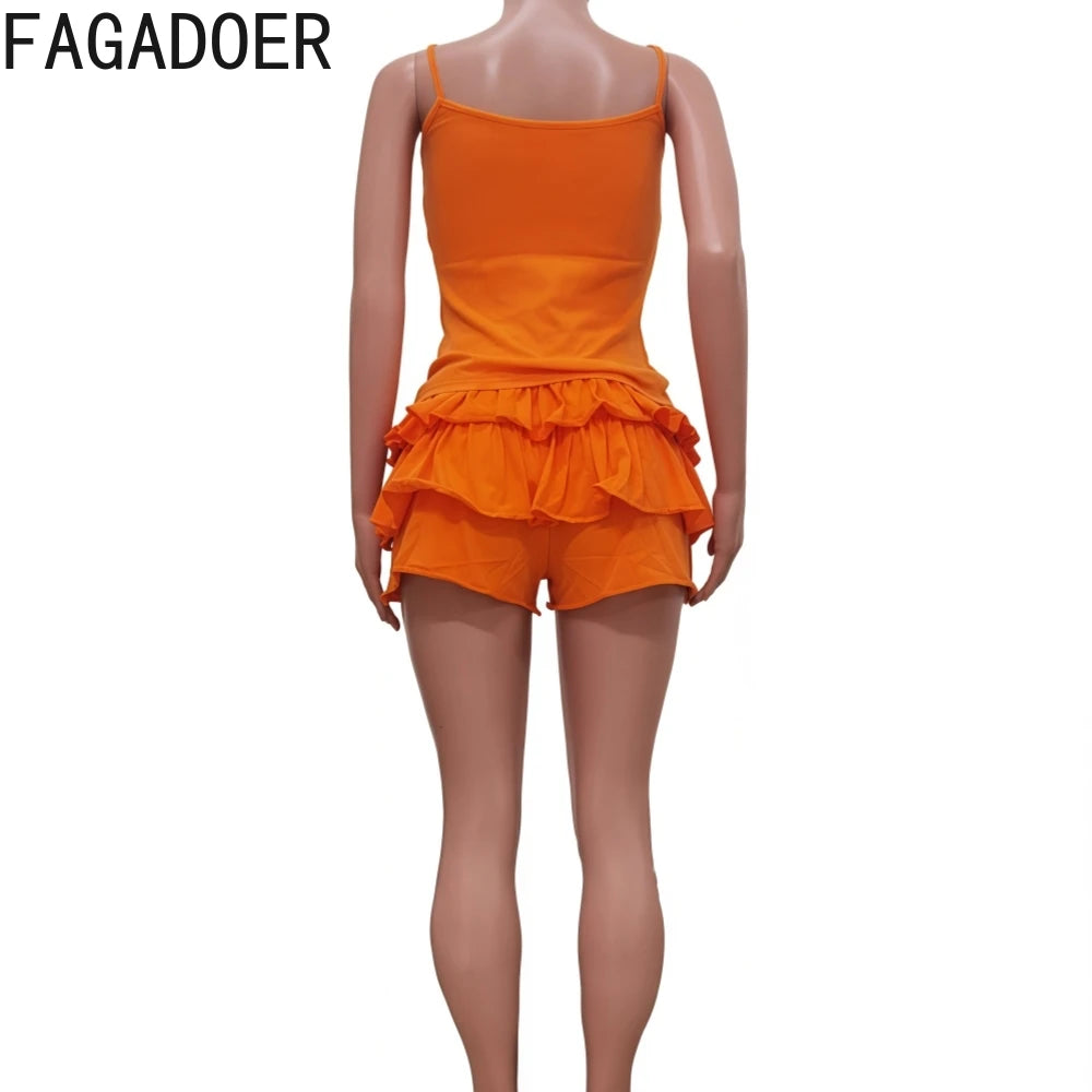FAGADOER Casual Ribbing Two Piece Outfits Woman Solid Spaghetti Strap Tanks + Pleated Puff Skirt Female Streetwear Summer New