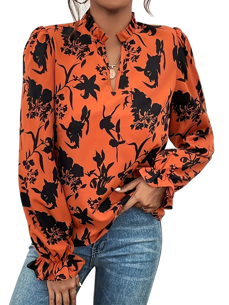 Women's Plant Flower Print Flared Long Sleeve Shirt