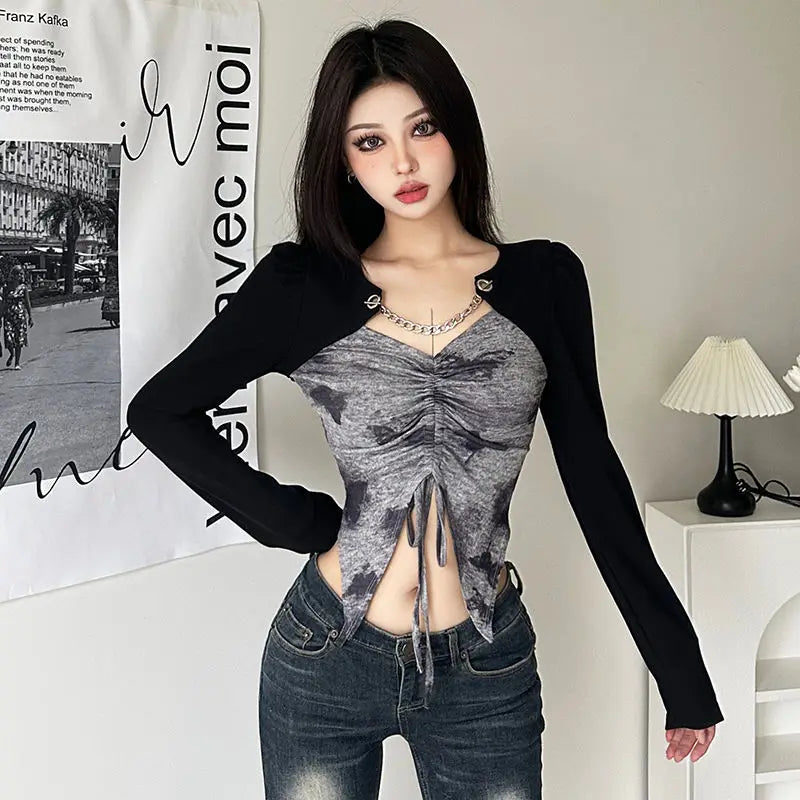 Hong Kong Style Retro Tie-dyed Unique Splicing Design and Sense Dovetail Slim T-shirt for Women Sweet Sexy Versatile Base Shirt