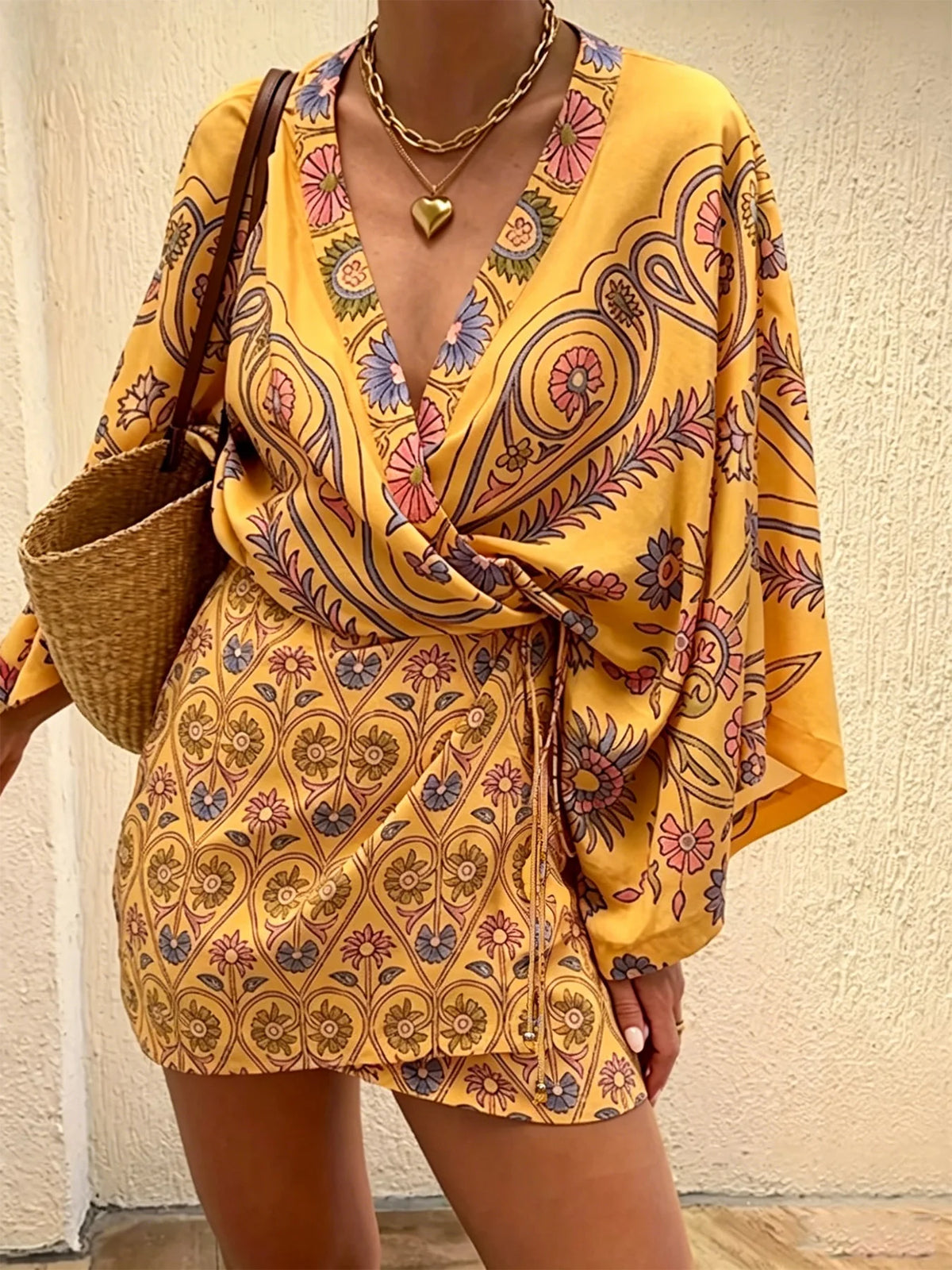 Bohemian Paisley Print Kimono Mini Dress for Women