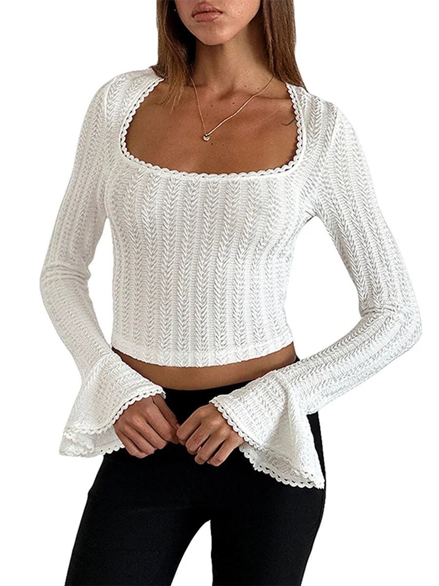 Women's Solid Color T-Shirts Autumn Textured Picot Trim Scoop Neck Long Bell Sleeves Slim Fit Crop Tops Female Casual Pullovers