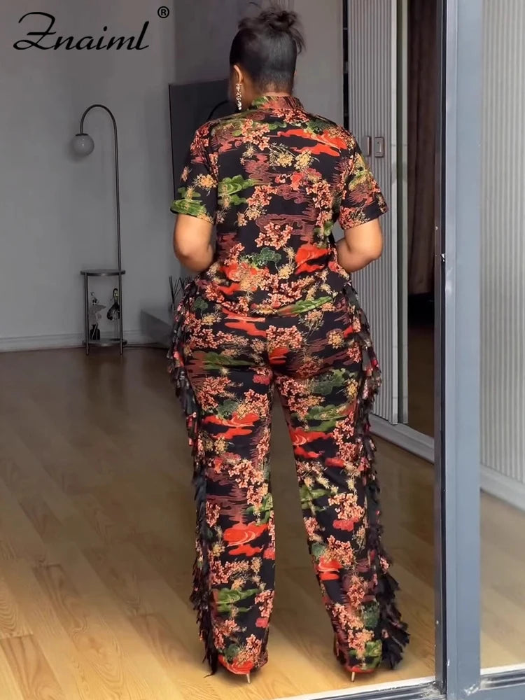 Znaiml Casual Printed Summer Women Turn-down Collar Button Up Shirt Top and Tassel Pants Two Piece Matching Sets Office Outfits