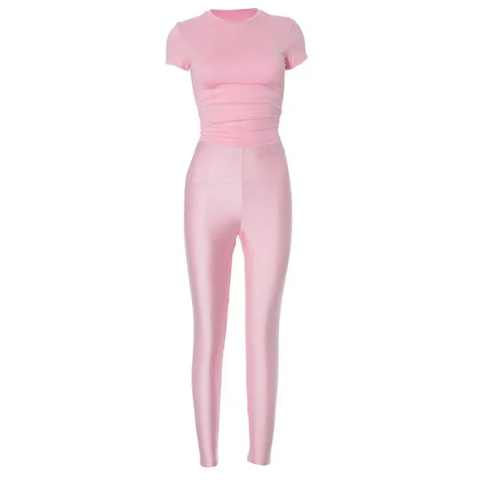 Two Piece Set for Woman Streetwear Solid Round Neck Short Sleeved T-shirt Top and Tight Pants Suit Spring and Summer 2025 New