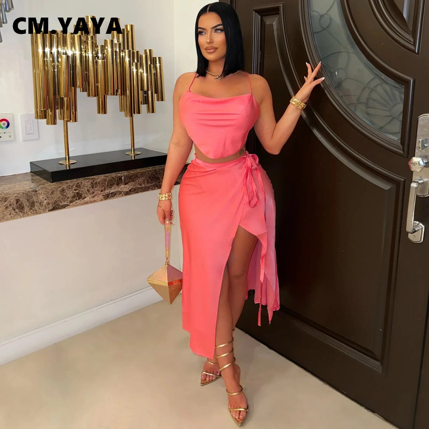 CM.YAYA 2025 Sexy Party Club Night Women's Set Halter Neck Crop Top and Side Split A-line Maxi Skirt Suit Two 2 Piece Set Outfit