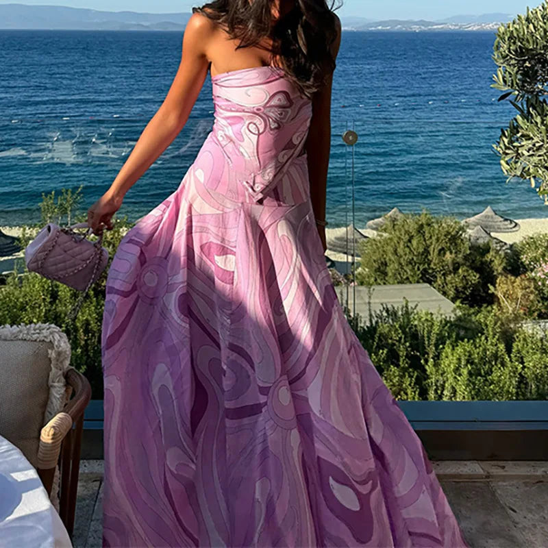 Lady Summer Chic Holiday Party Outfits Sexy Printed Strapless Top Skirts Suit Women Fashion Irregular Lace Up Pleated 2pc Sets