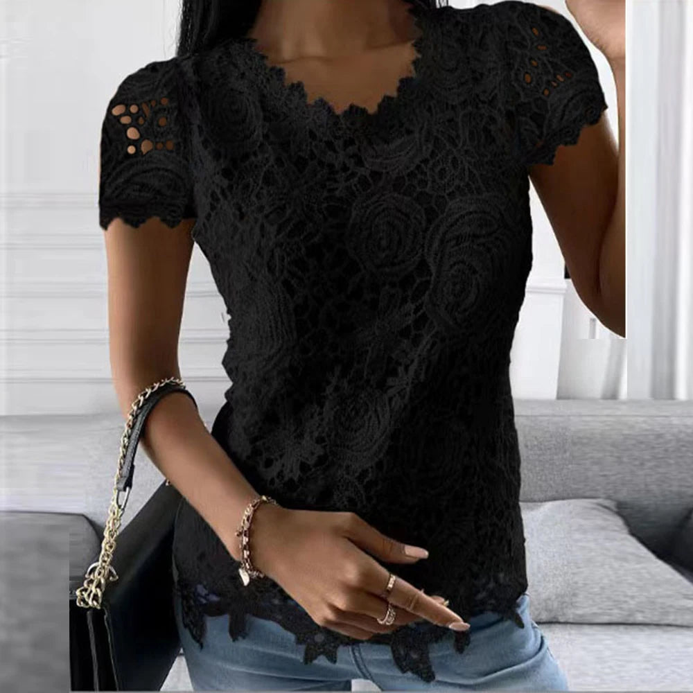 Womens Lace Round Neck Tops T-Shirts Ladies Summer Casual Short Sleeve Blouse Pullover Fashion Clothing For