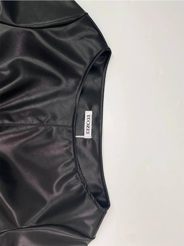 Women PU Leather Round Neck Long Sleeve Blouse Tops Pullover Loose PU Clothes Streetwear Windproof Motorcycle Clothing