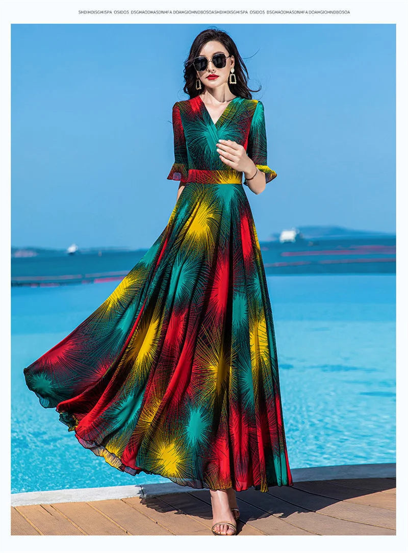 Floral Dress 4XL Women's 2025 Summer Chiffon V-Neck Dress High end Style Celebrity Splice A-line Skirt for Women Elegant Mujer