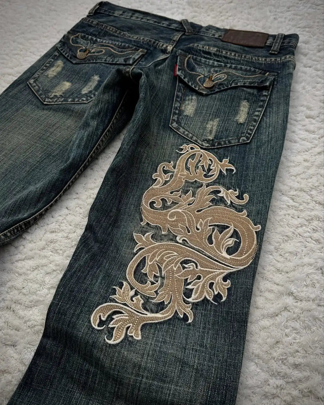 Retro Shallow Water Washing High-bright Lines Thorn Art Embroidery Pattern Y2K Blue Jeans Women's Personalized Micro-flare Pants