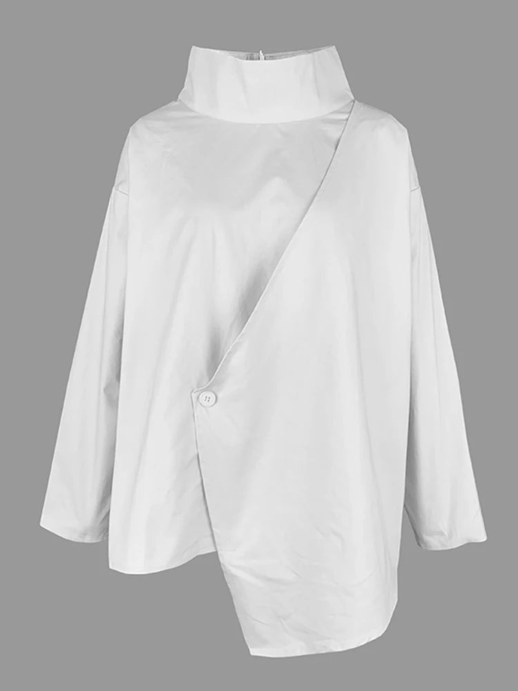 Gymystars 2025 New White Long Sleeves Loose High Neck T-Shirts Tops Womens Autumn Buttoned Casual Simpie Top