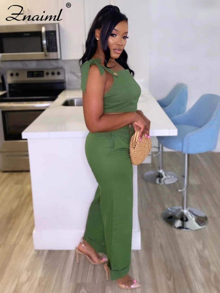 Znaiml Green Tie Shoulder Ruched Wide Strap Slim Fit Crop Top and Wide Leg Pant 2 Pieces Women Summer Streetwear Matching Sets