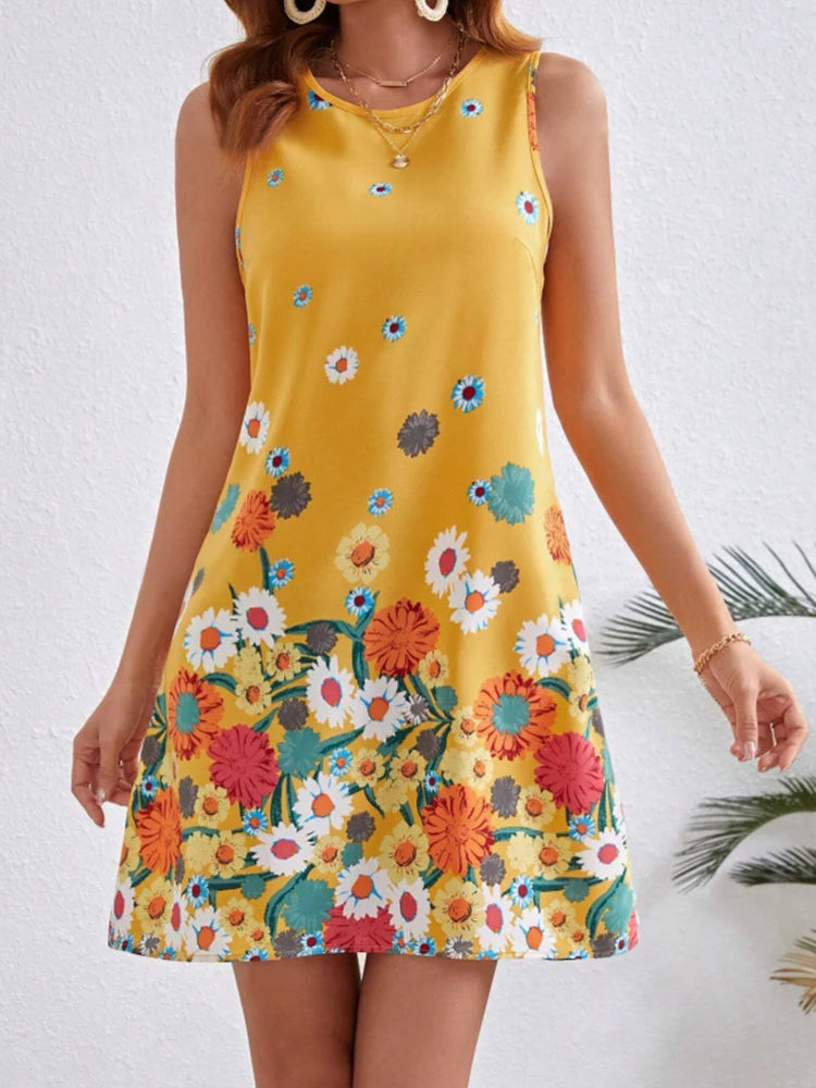 Fashion temperament women's positioning floral print sleeveless round-neck dress, summer women's back keyhole button dress