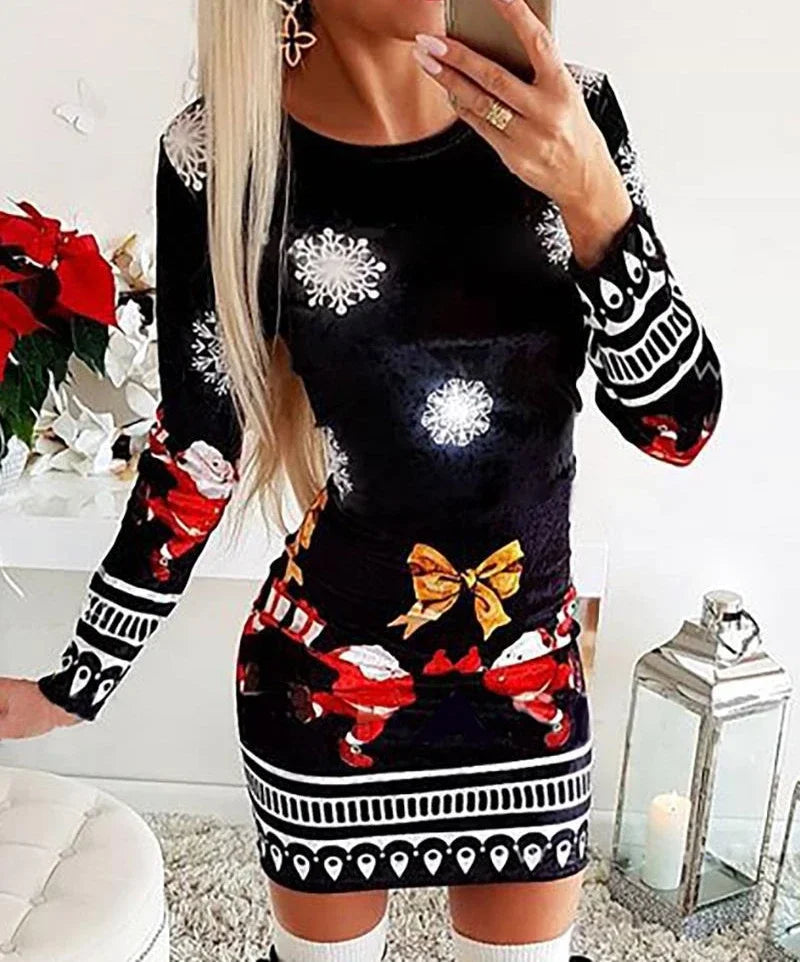 Christmas Dresses Women and Fall New Long Sleeved Printed Short Dress Fashionable Versatile Base Skirt for Female 2024 Summer
