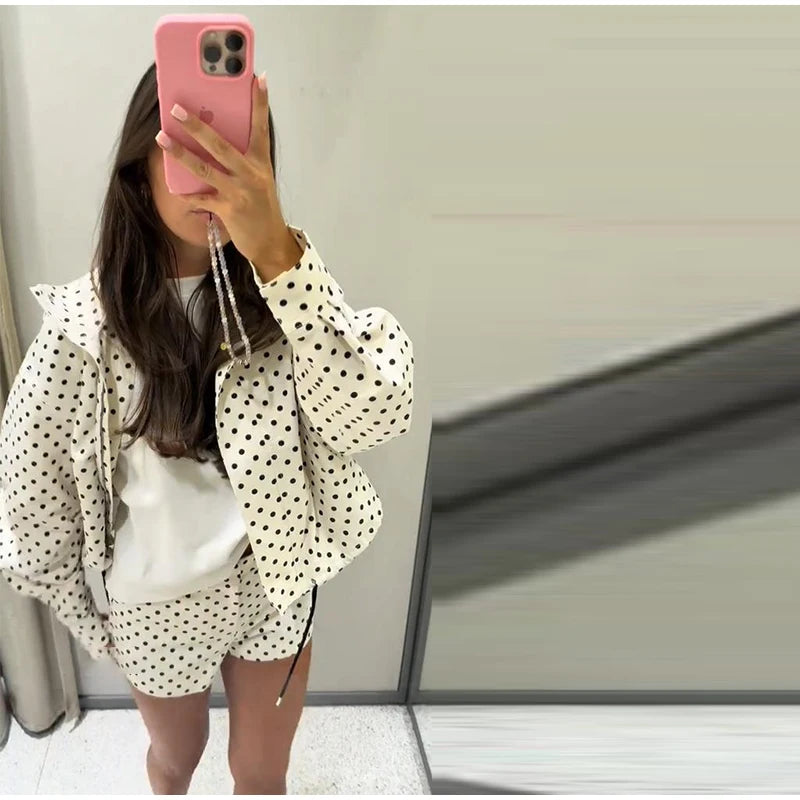 Loose Polka Dot Zipper Women's Shorts Set Stand Collar Patchwork Full Sleeve Pockets Jacket Tie Up Short Pant Suit Summer Outfit