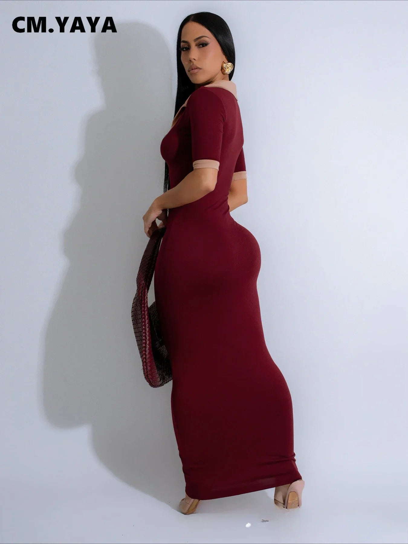 CM.YAYA Knitted V-Neck Women Short Sleeve Bodycon Long Dress 2025 Summer Sexy Night Club Birthday Party Active Maxi Dresses