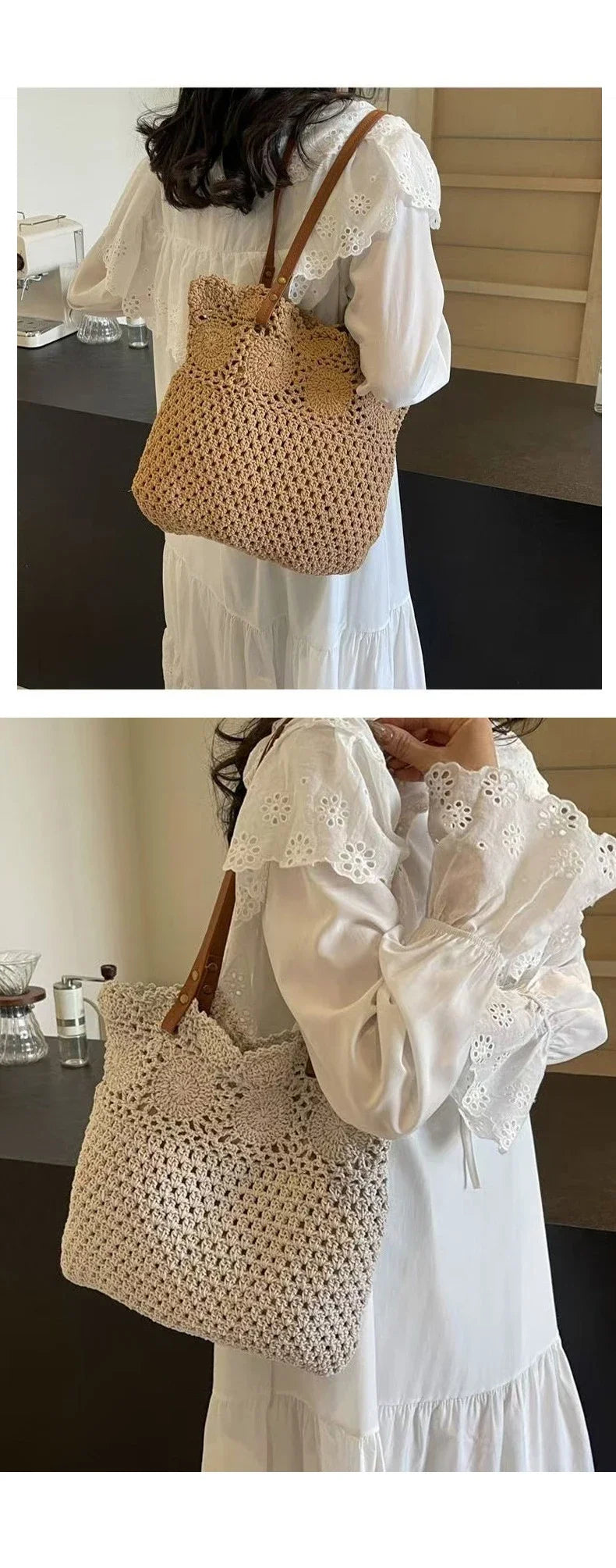 Ladies Beach Leisure Shoulder Bags Women's Summer Artistic Weaving Crochet Tote Handbags Female Retro Hollow Solid Crossbody Bag