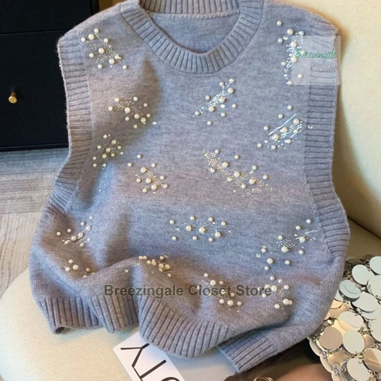 French style design nail bead inlaid diamond knitted vest for women's spring new style, sleeveless camisole top for outerwear