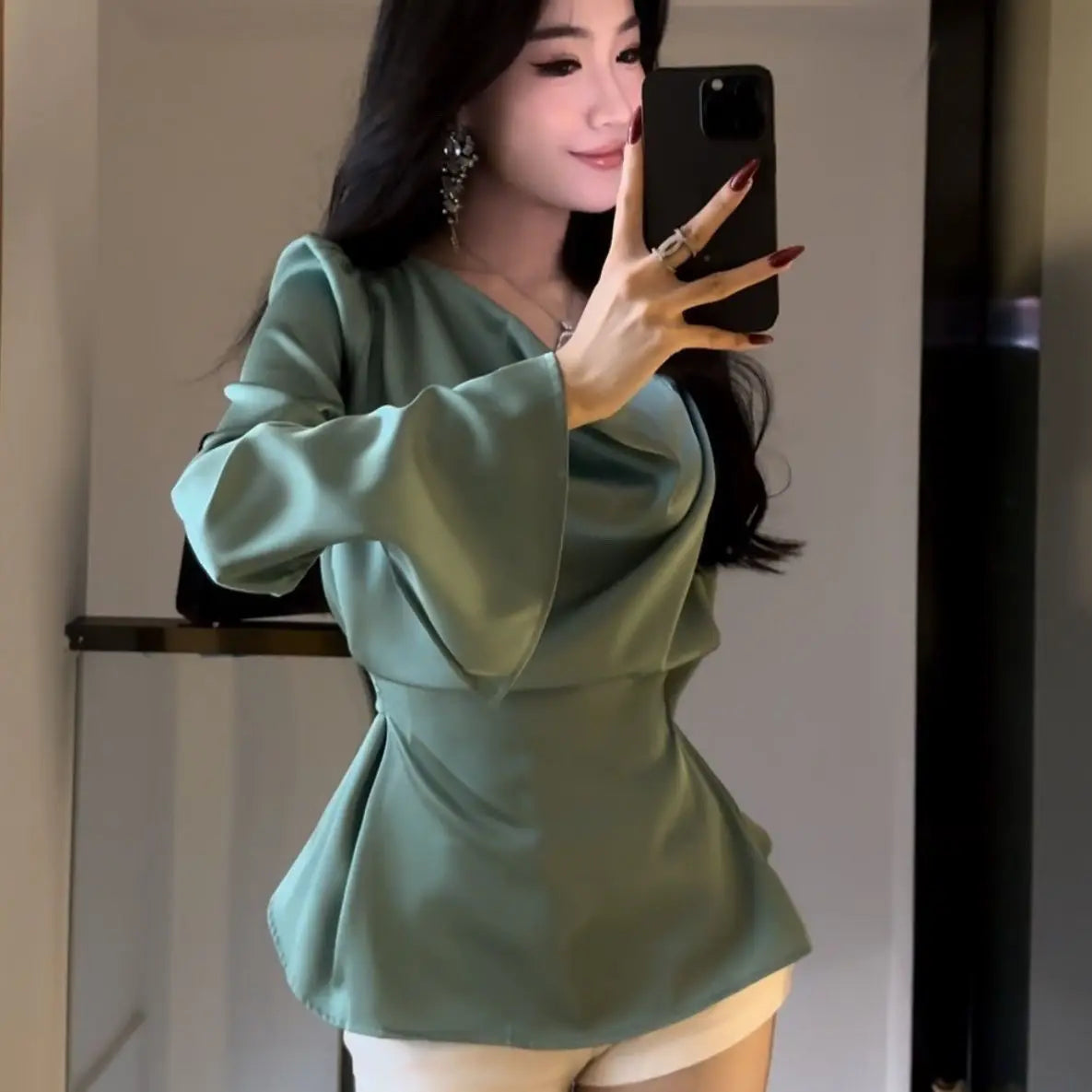 Silk Satin Basic Blouse Women Luxury Elegant Flare Long Sleeve Shirt Lady Bandage Tunic Top Korean Office Casual
