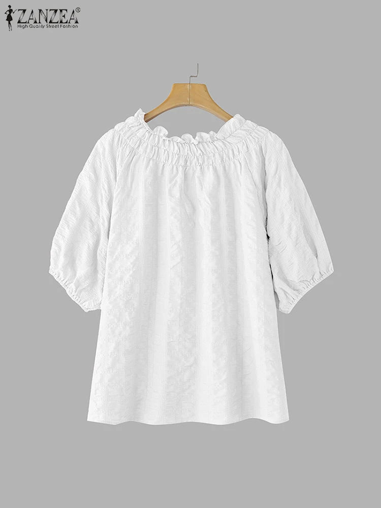 ZANZEA Women Blouse Summer Tops Solid Color Puff Sleeve2025 O Neck Tunic Female Shirts Loose Casual OL Work Blusas Oversized