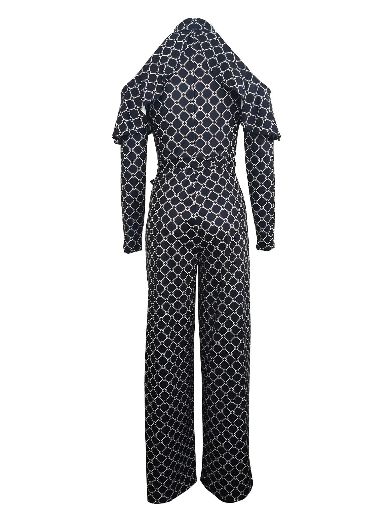 Plaid Print Rompers Womens Jumpsuit Off Shoulder Ruffles Long Sleeve Bandage Overall Elegant Belted Plus Size Wide Leg Bodysuit