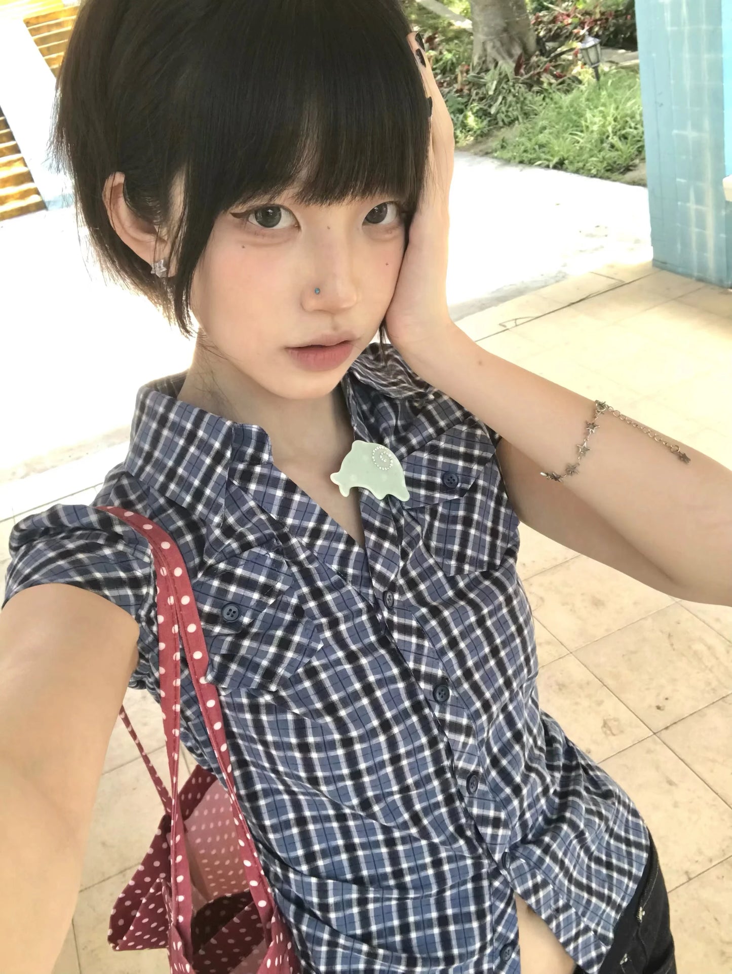Karrram Japanese Y2k Plaid Shirt Vintage Harajuku V-neck Blouses Korean Fashion Women Short Sleeve Shirts 2000s American Retro