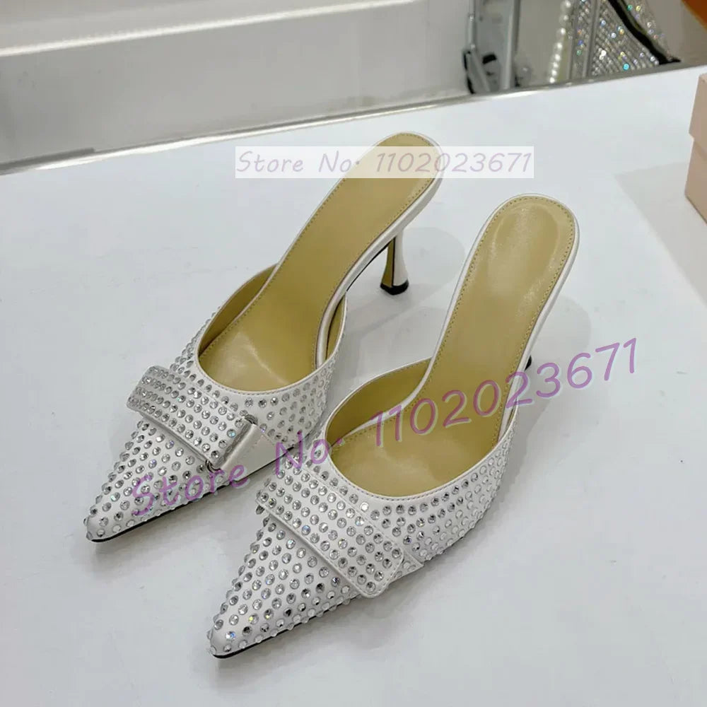 Full Rhinestones Satin Point Toe Slippers Women Sweet Solid Heels Knotted Slippers Elegant Shiny Crystal Custom Color Shoes