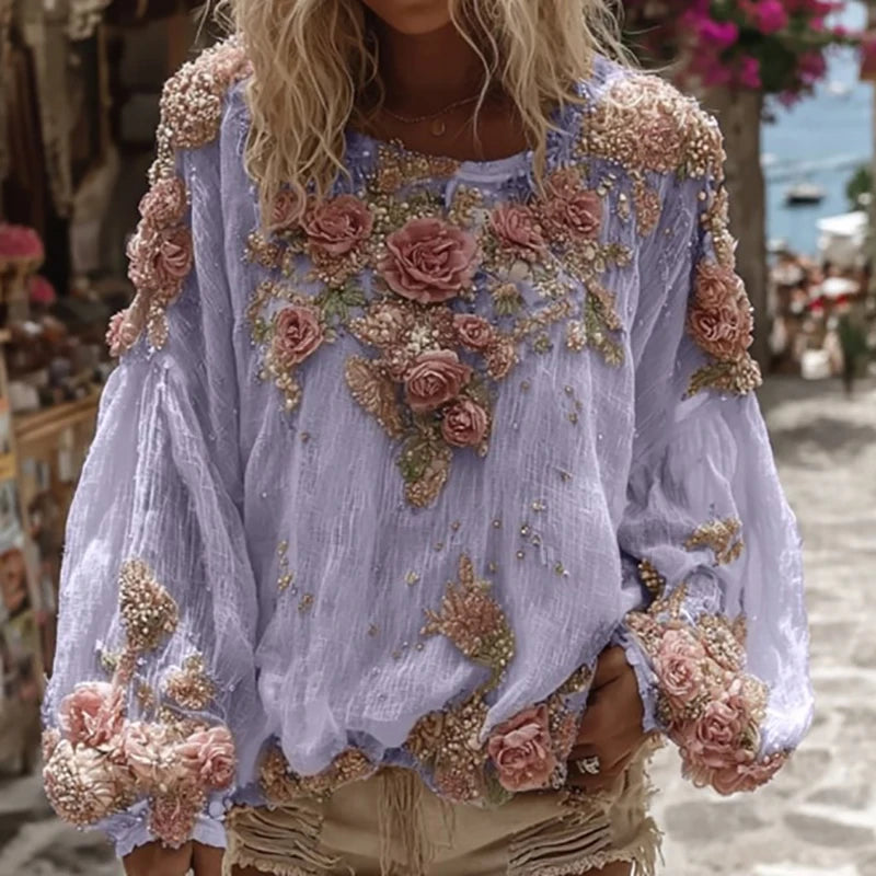 Flower Print Long Sleeved Breathable Autumn Shirts Female O Neck Loose Bohemian T-shirts 2025 Casual Holiday Beach Top Blouses