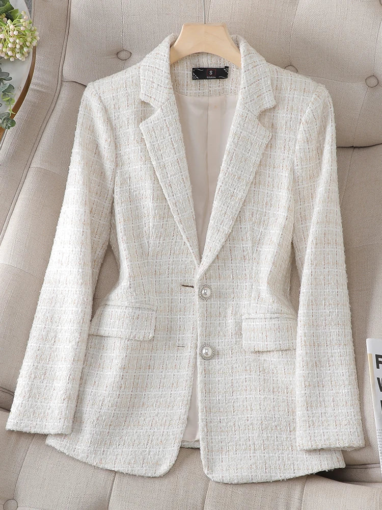 Long Sleeve Autumn Winter Women Blazer Ladies Pink Beige Plaid Female Casual Jacket Coat