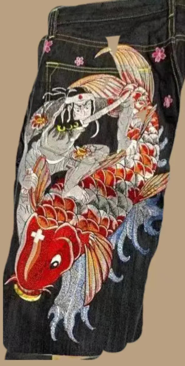 Japanese hip-hop Brocade carp printed jeans same style couple washed high waist retro casual loose ins straight wide leg pants