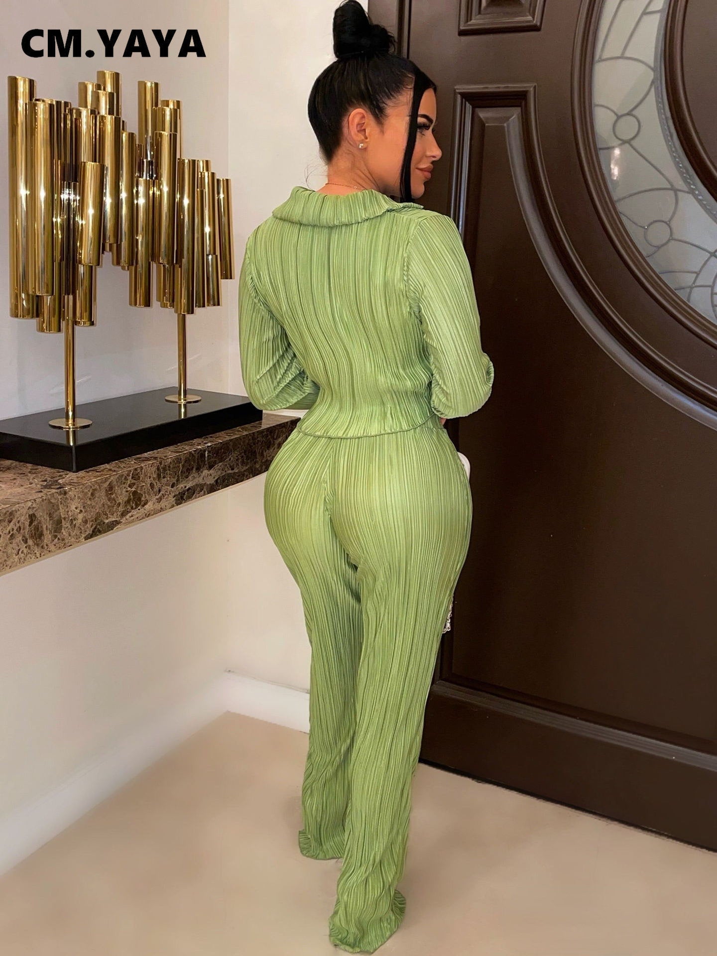 CM.YAYA Street Pleated Women's Set Long Sleeve Mini Blouse Shirt and Straight Pants Suit 2023 Two 2 Piece Set Outfits Tracksuit