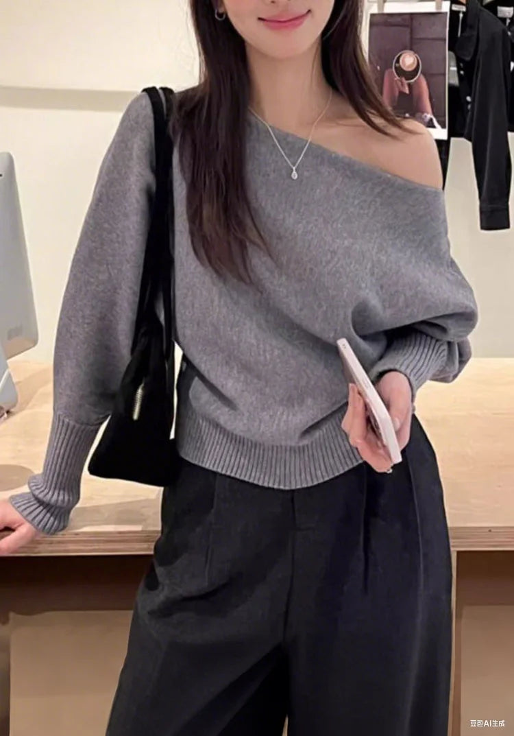 Batwing Long sleeve Knitted Pullover Women Solid color Off shoulder Top Korean Fashion Sweater Loose Casual Autumn Outwear Pull