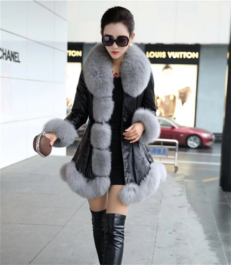 Size 6XL Women's Clothing Autumn Winter Imitation Fox Fur Big Fur Collar Thick Warm Female's Leather Jacket Slim Fur Coat