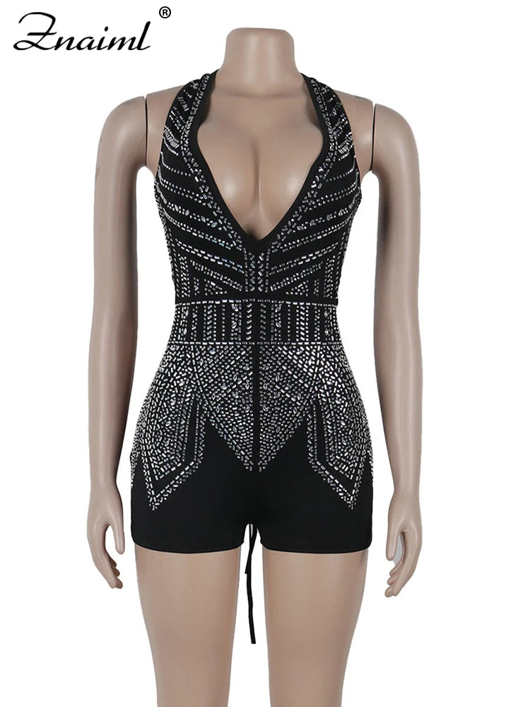 Znaiml Gorgeous Deep V Neck Rhinestone Halter Bandage Playsuits Women Crystal Short Jumpsuits Rompers Night Club Birthday Party