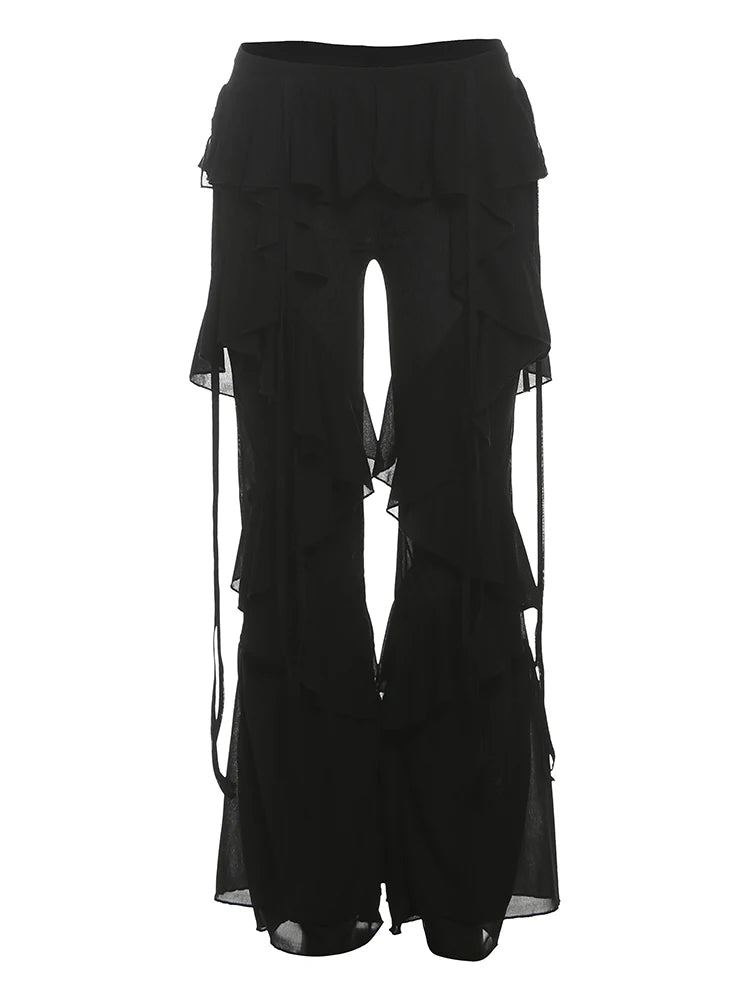 Weird Puss Irregular Tierred Flare Pants Women Y2K Patchwork See Through Summer Hipster Wild Basic Street Trend Classic Trousers