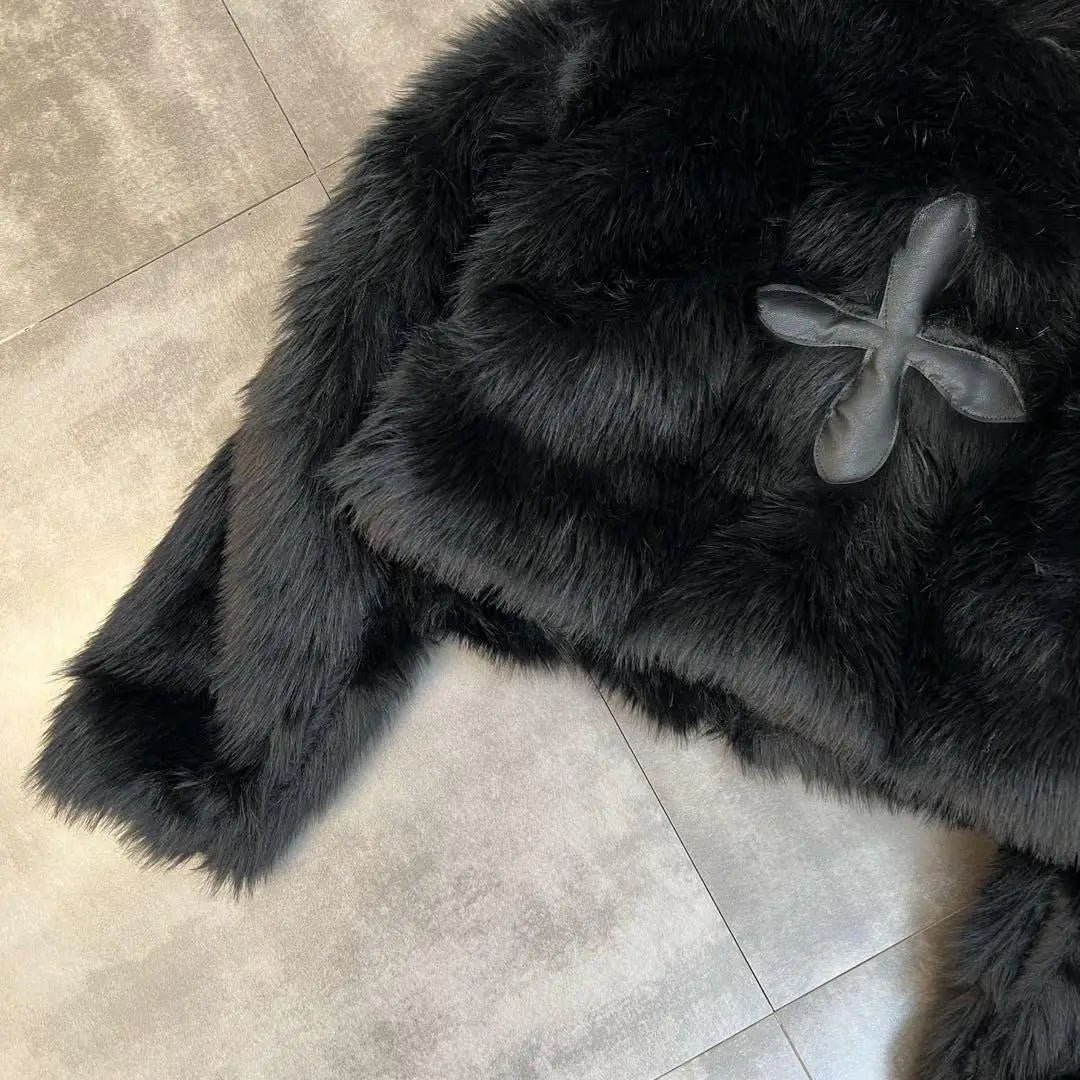2025 Winter Women Cotton Jacket Lapel Long Sleeve Patch Cross Short Fur Coat Black