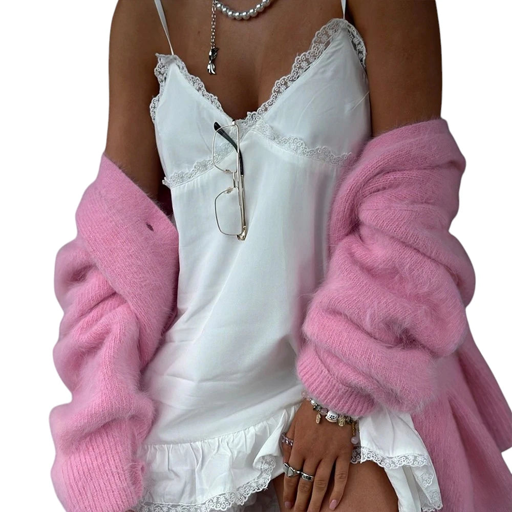 Women's Solid Fluffy V-Neck Long Sleeve Cardigan Sweater Cover Up Tops Autumn Winter Ladies Thick Softy Casual Loose Blouse S-L