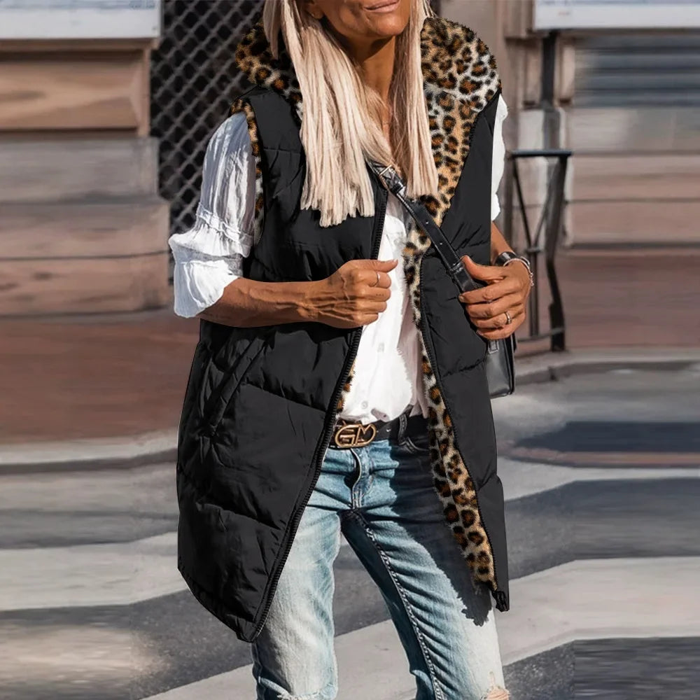Zip Up Jacket Women VestSleeveless Latest Leopard Pattern Hoodie Pockets Long Warm Winter Coat Streetwear 2025 Autumn Winter