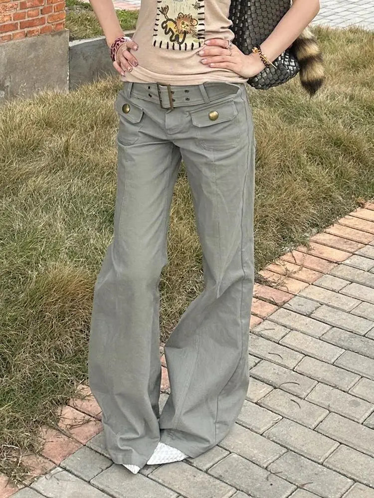 American Block Multi-pocket Functional High-waist Composite Design Waist Work Pants Women Gray Straight Slimming Floor Trousers