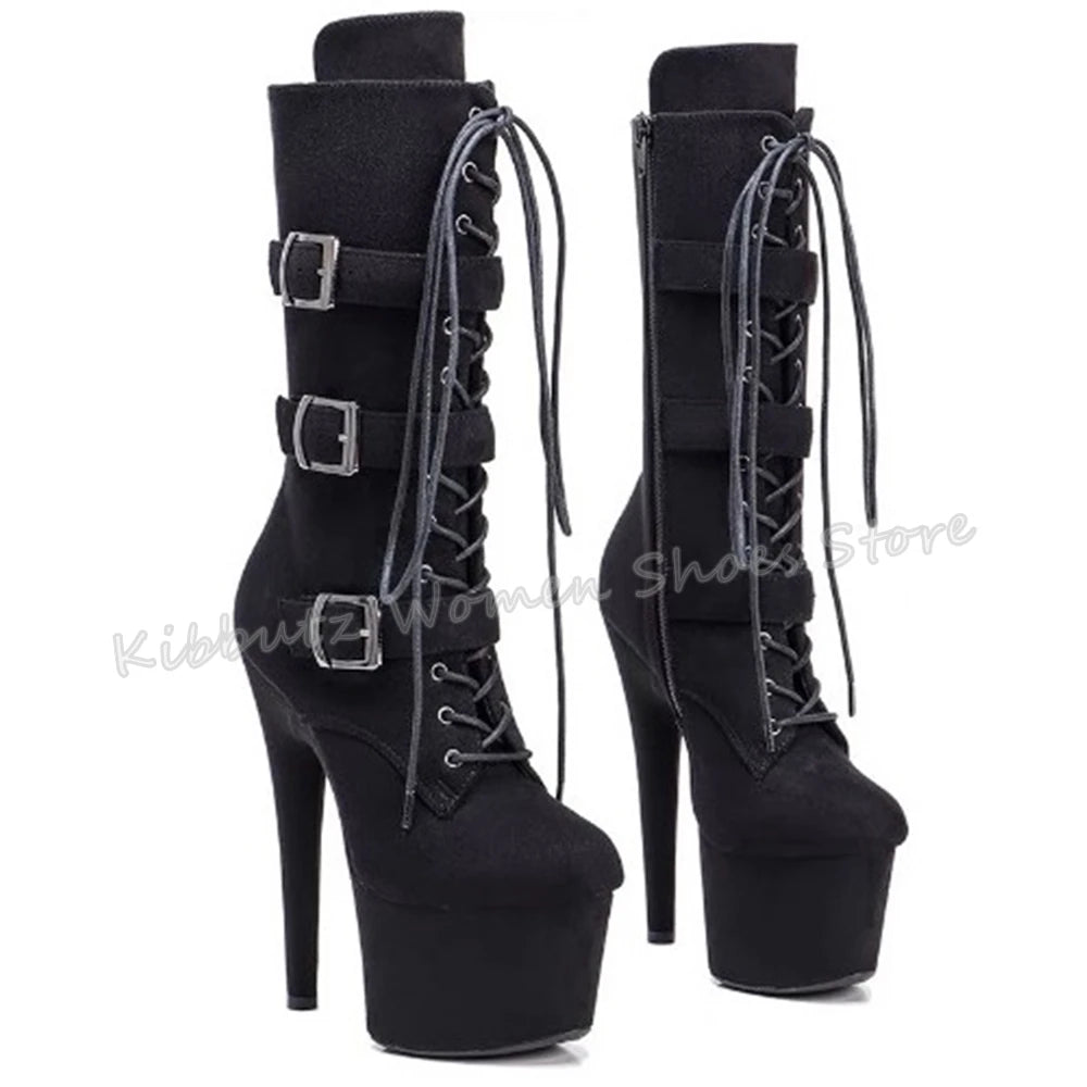 Belt Buckle Boots Over The Knee Platform Solid Color Lace-Up Thick Bottom Party Sexy Nightclub Fashion Patent Leather Shoes New