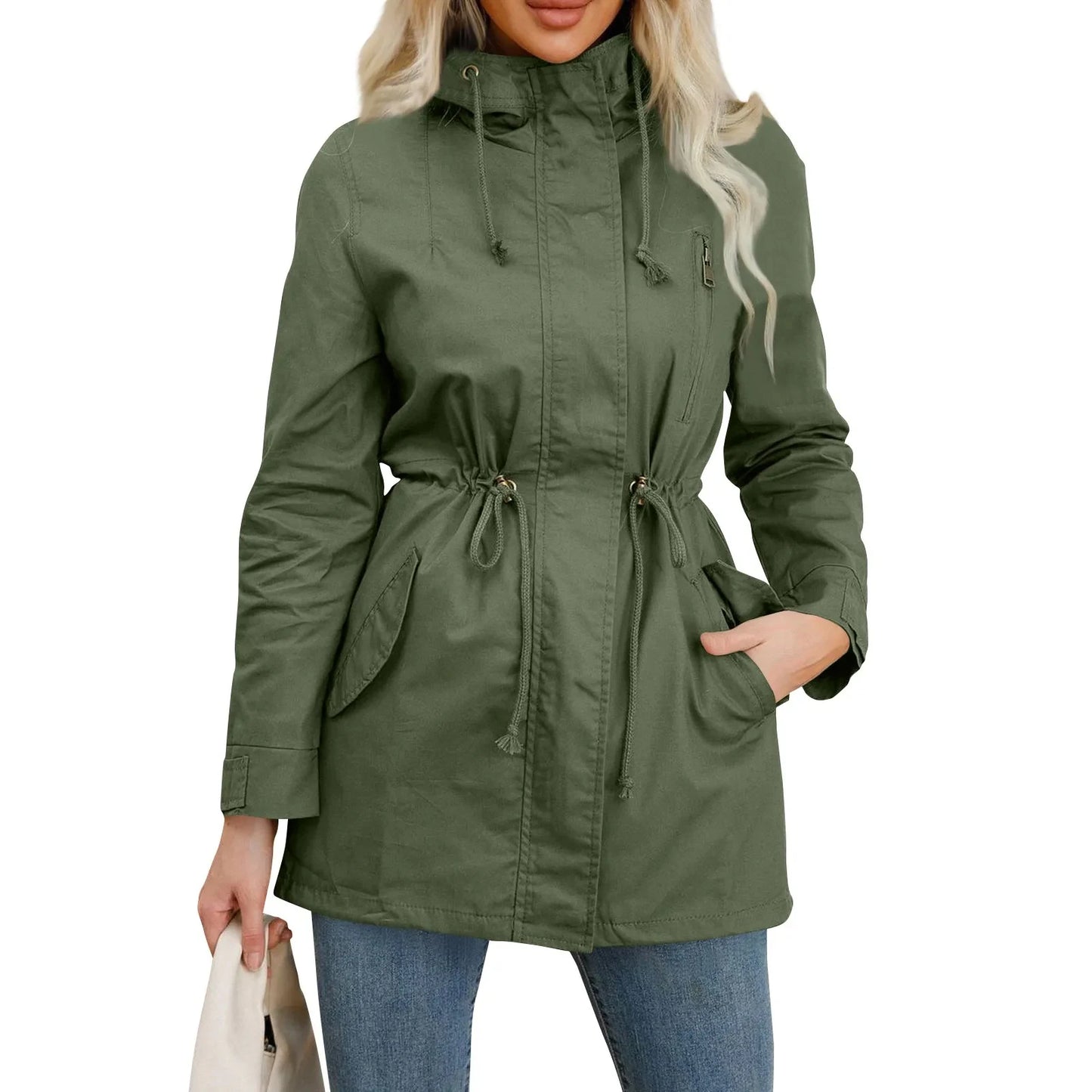 Women's Hooded Trench Coat Spring Autumn Fitted Solid Color Jacket for Daily Outdoor Camping Hiking