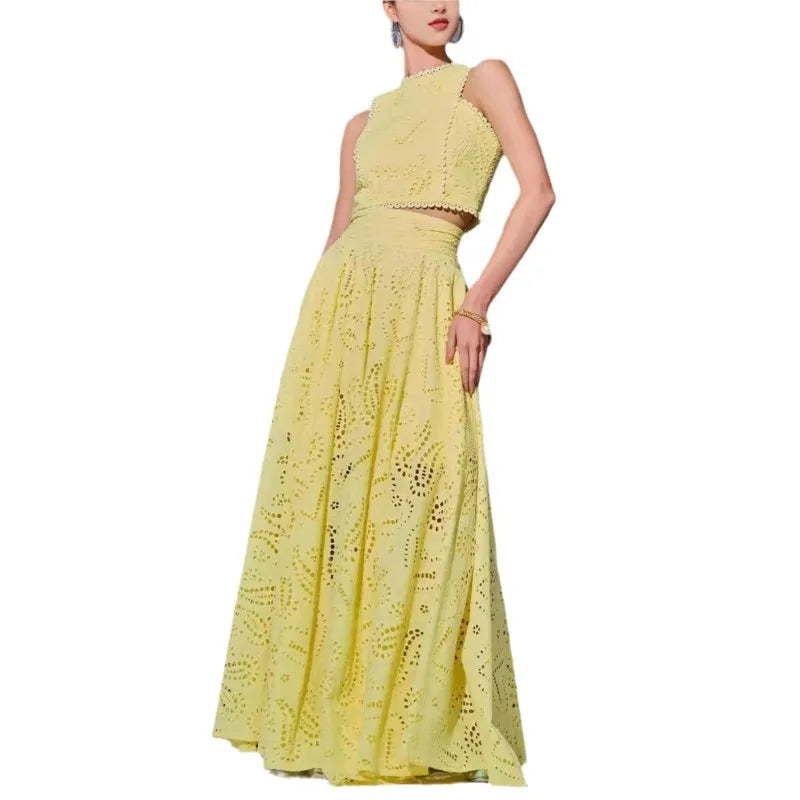Women Hollow Out Sleeveless Embroidery Two-Piece Set 2025 O-Neck Blouse + Lace Pockets Skirt beach New Two Piece Set
