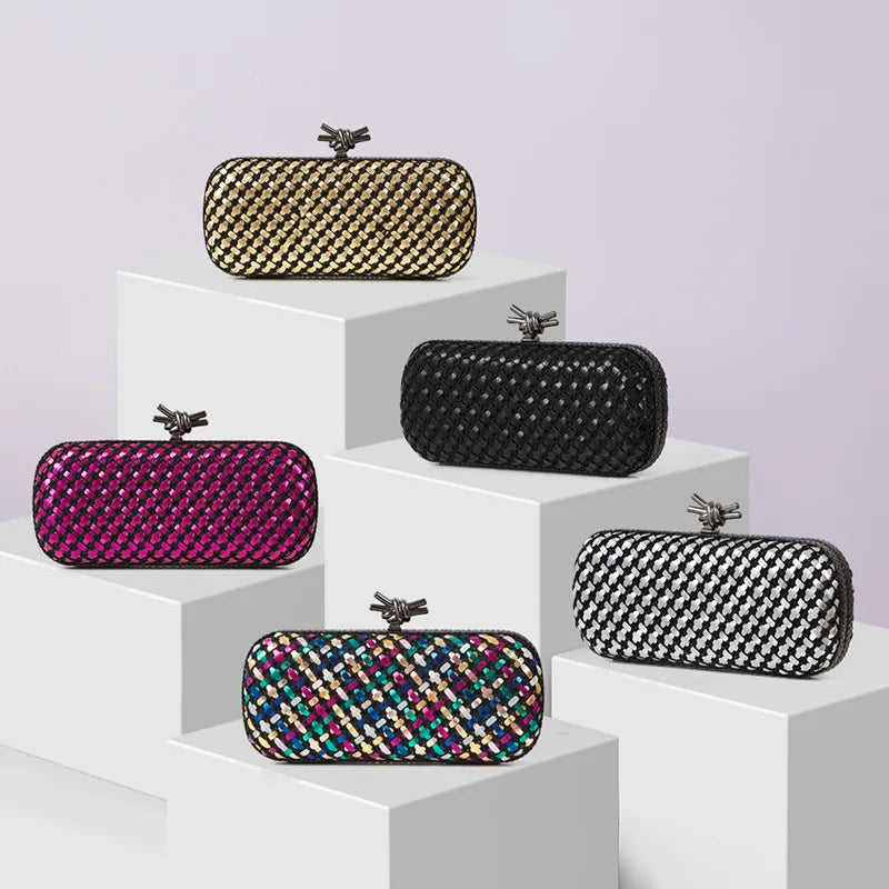 Gold Evening Clutch Bag for Women Leather and Bright Line Woven Purse Elegant Ladies Metal Knot Party Handbag Bolsas Femininas