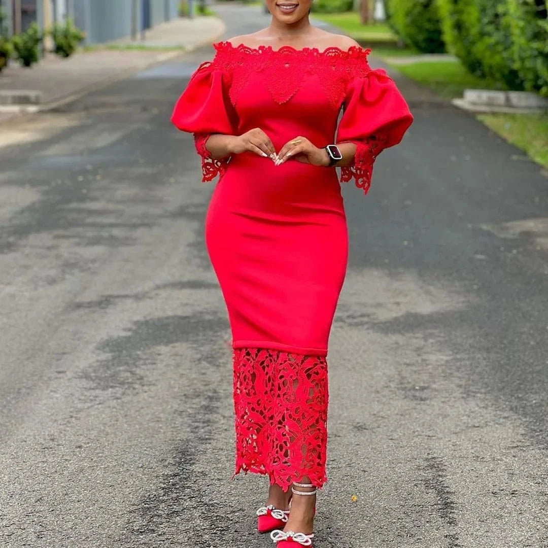 Elegant Dresses for Woman Off the Shoulder Lantern Sleeve Lace Patchwork Sheath Package Hips Ankle Length Luxury Birthday Dress