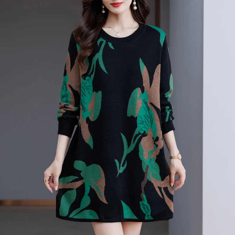 Print Sweater Dress Woman 2025 Autumn Winter Pullover Femme Women Clothing Long Sleeve Top Casual Long Knitwear Sweaters